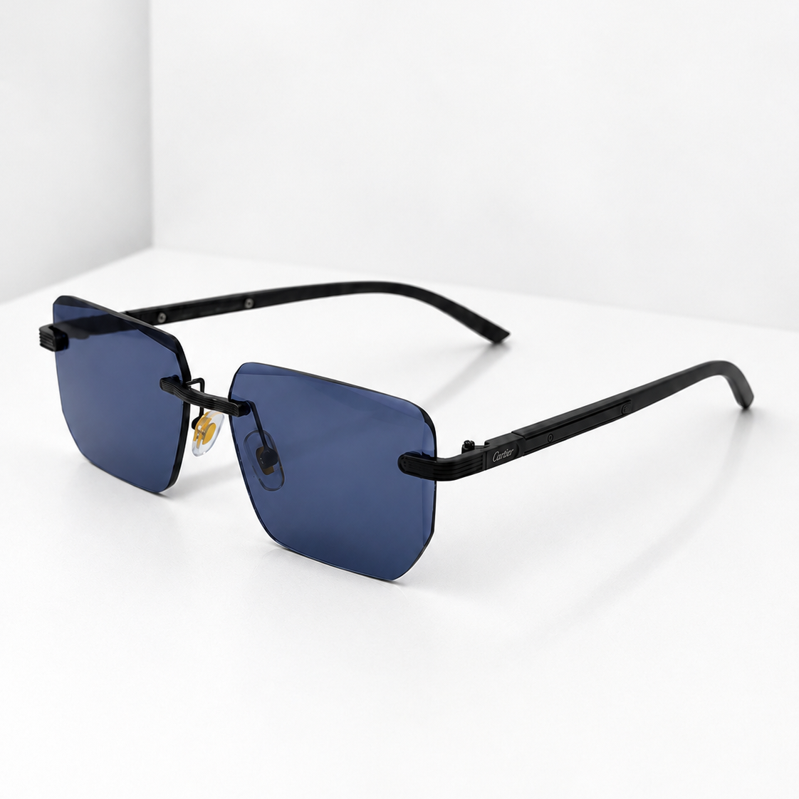 Cartier Rimless Sunglasses – Black Metal Frame | Blue Lens