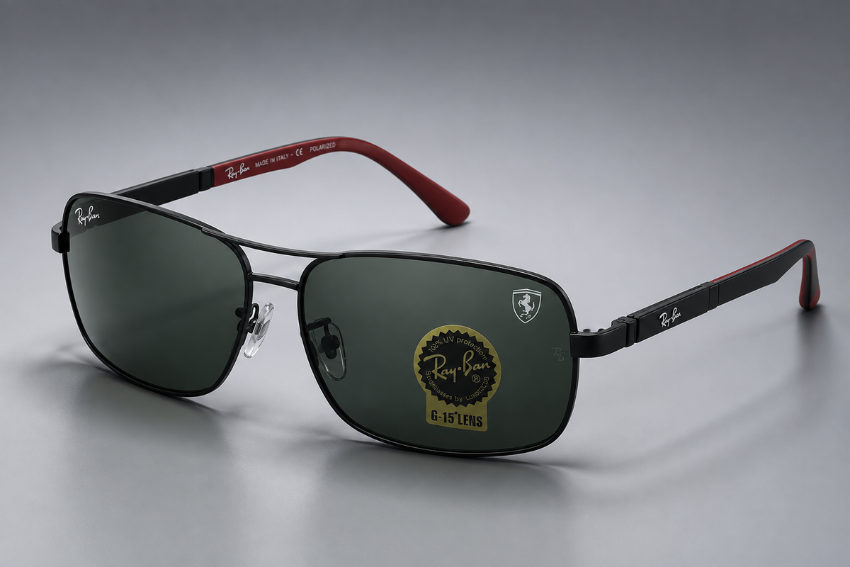 Ray-Ban x Ferrari RB8313M - Three Quarter Angle G-15 Dark Green Lenses Matte Black