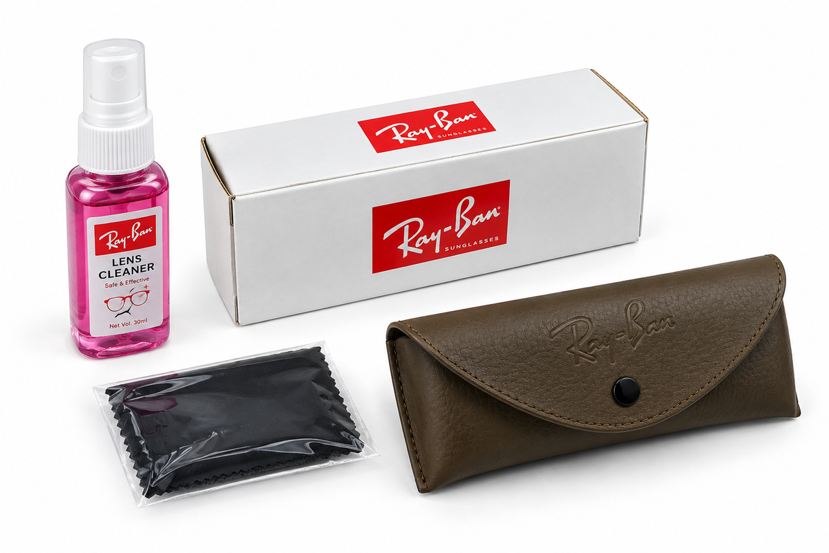 Ray-Ban Sunglasses Kit with lens cleaner, cleaning cloth, leather case, and box