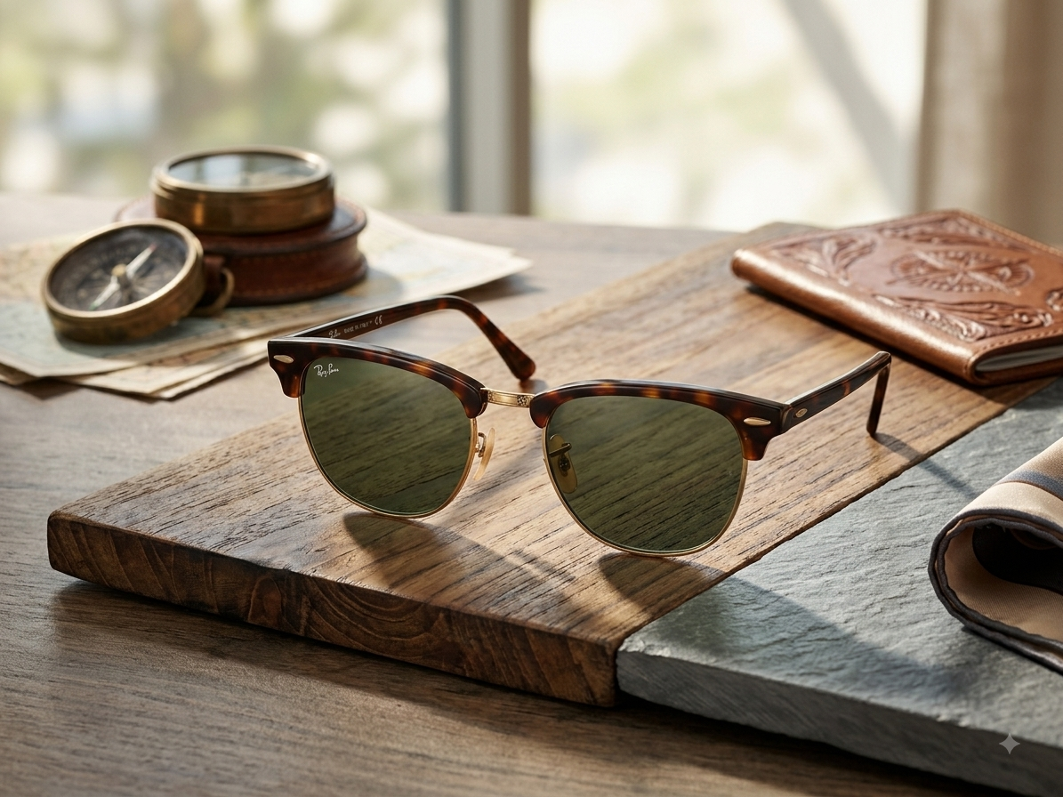 Ray-Ban RB3016 W0366 Clubmaster Classic Tortoise Gold G-15 - Lifestyle Wooden Desk Compass Travel Warm Light