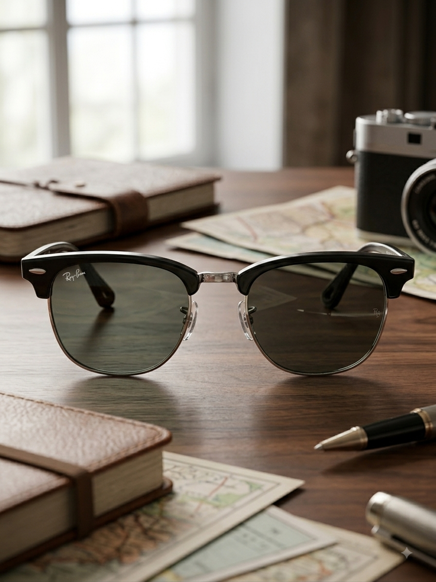Ray-Ban Clubmaster RB3016 – 3/4 Side View on Wooden Surface
