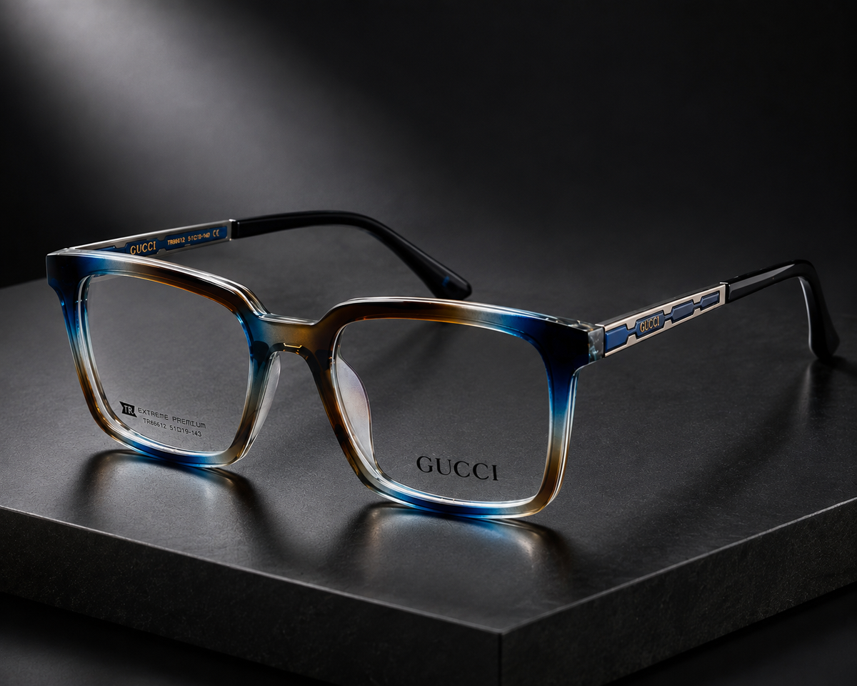 Gucci Square Eyeglasses Blue Brown Gradient - Lifestyle Light Background