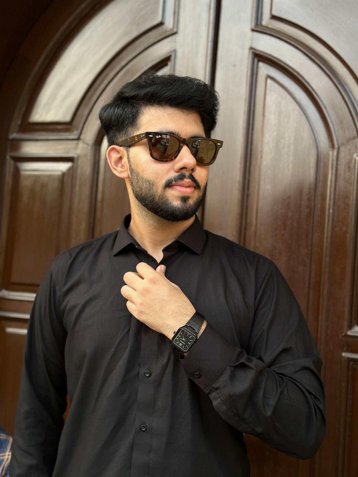 Universe Point Black Square Dial Leather Strap Watch