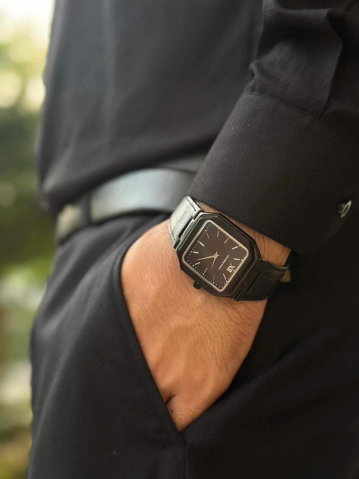 Universe Point Black Square Dial Leather Strap Watch