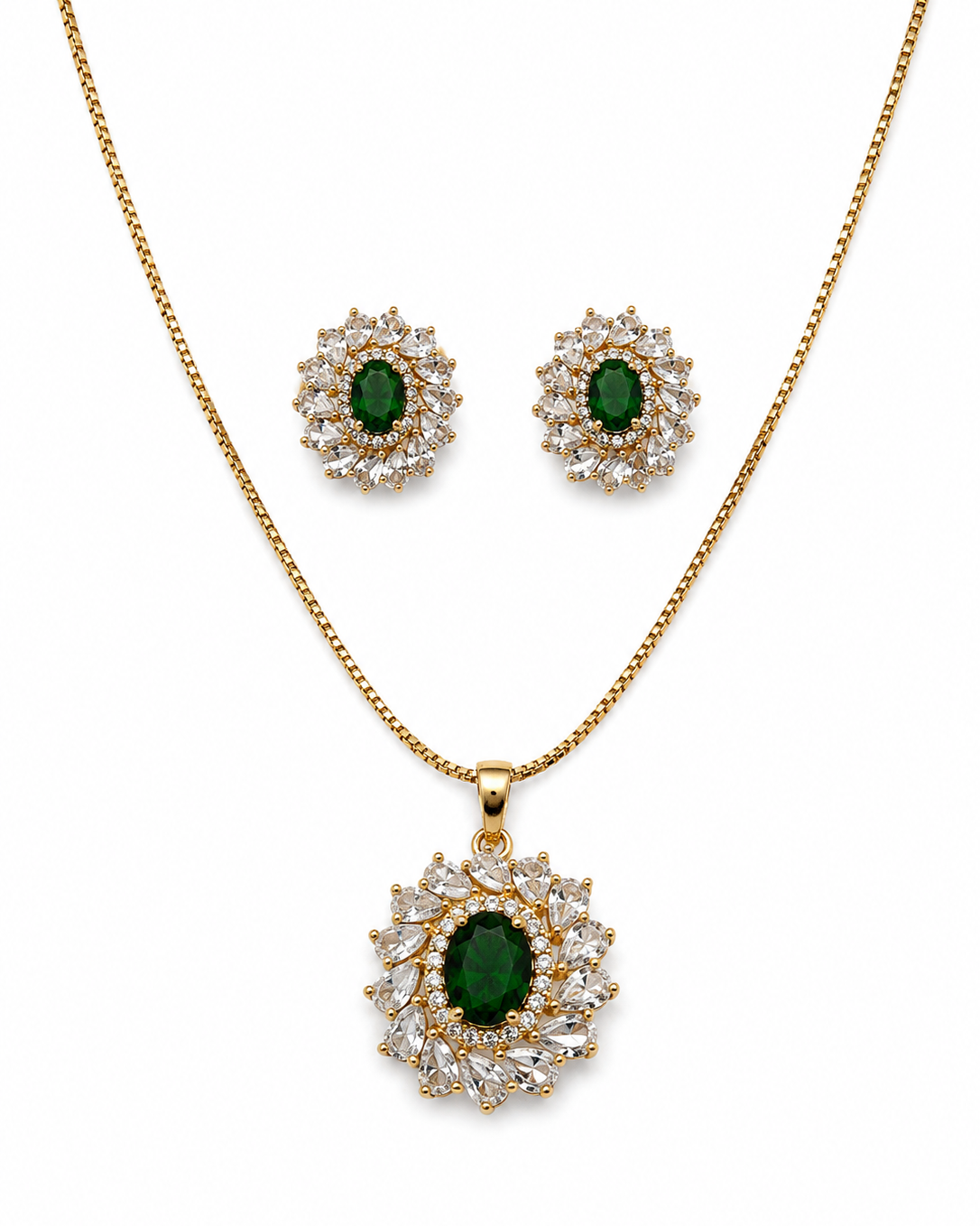 Emerald green royal oval CZ necklace and earrings set gold tone