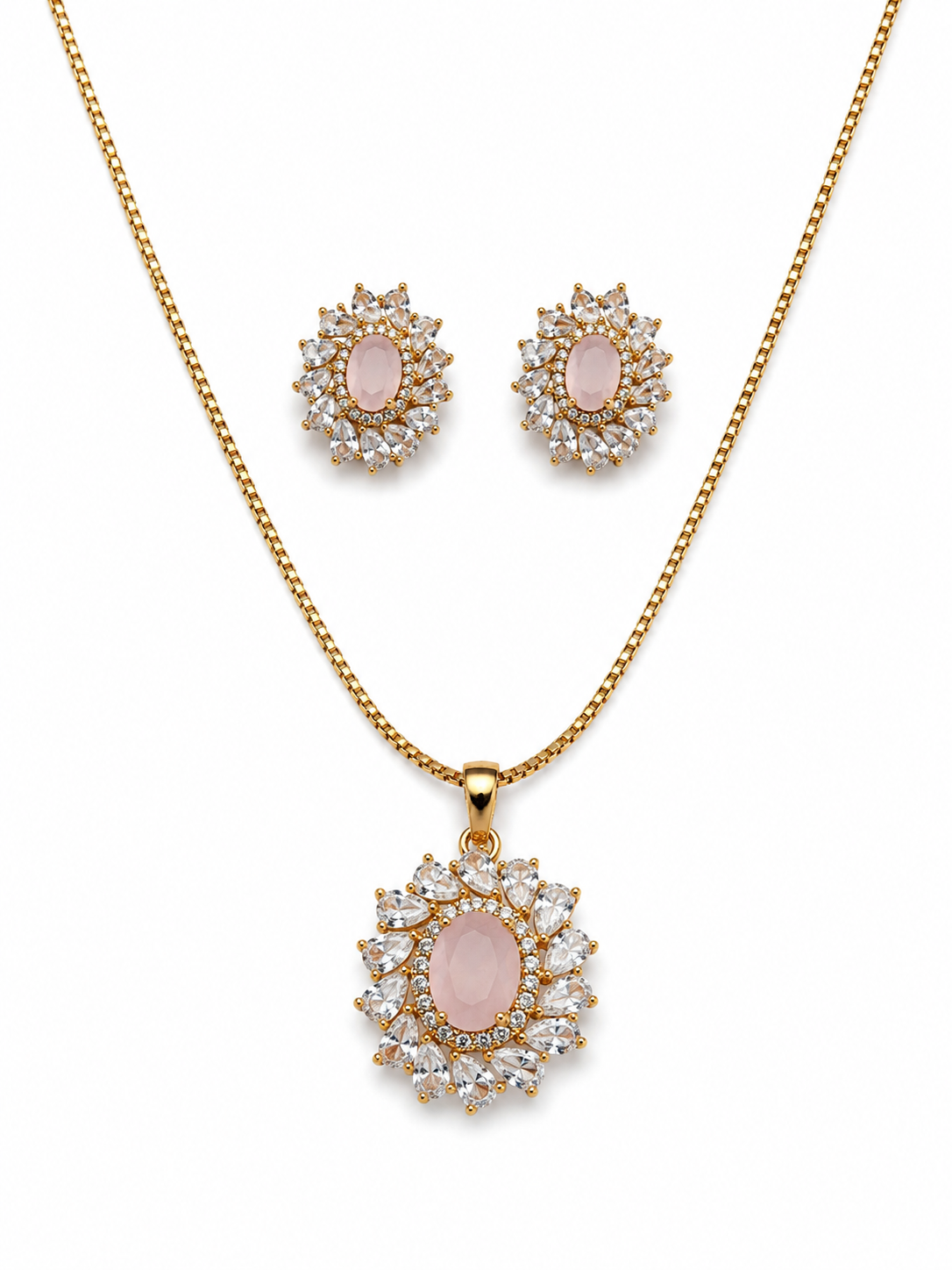 Rose pink royal oval CZ necklace and earrings set gold tone