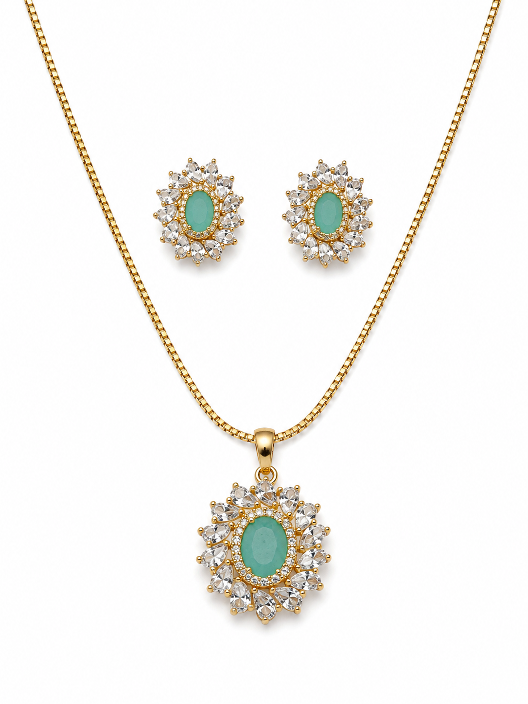 Mint turquoise royal oval CZ necklace and earrings set gold tone