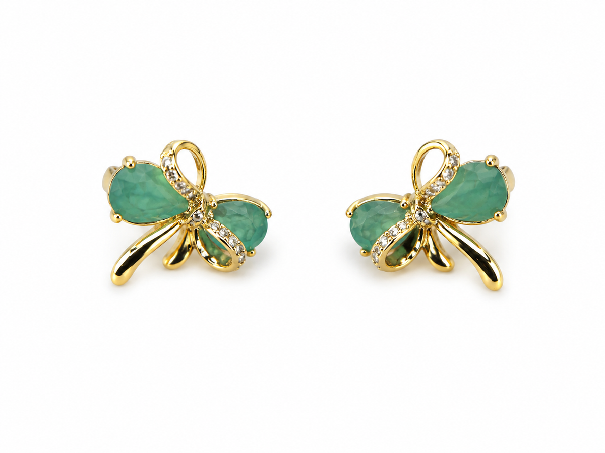Emerald green crystal bow stud earrings gold tone