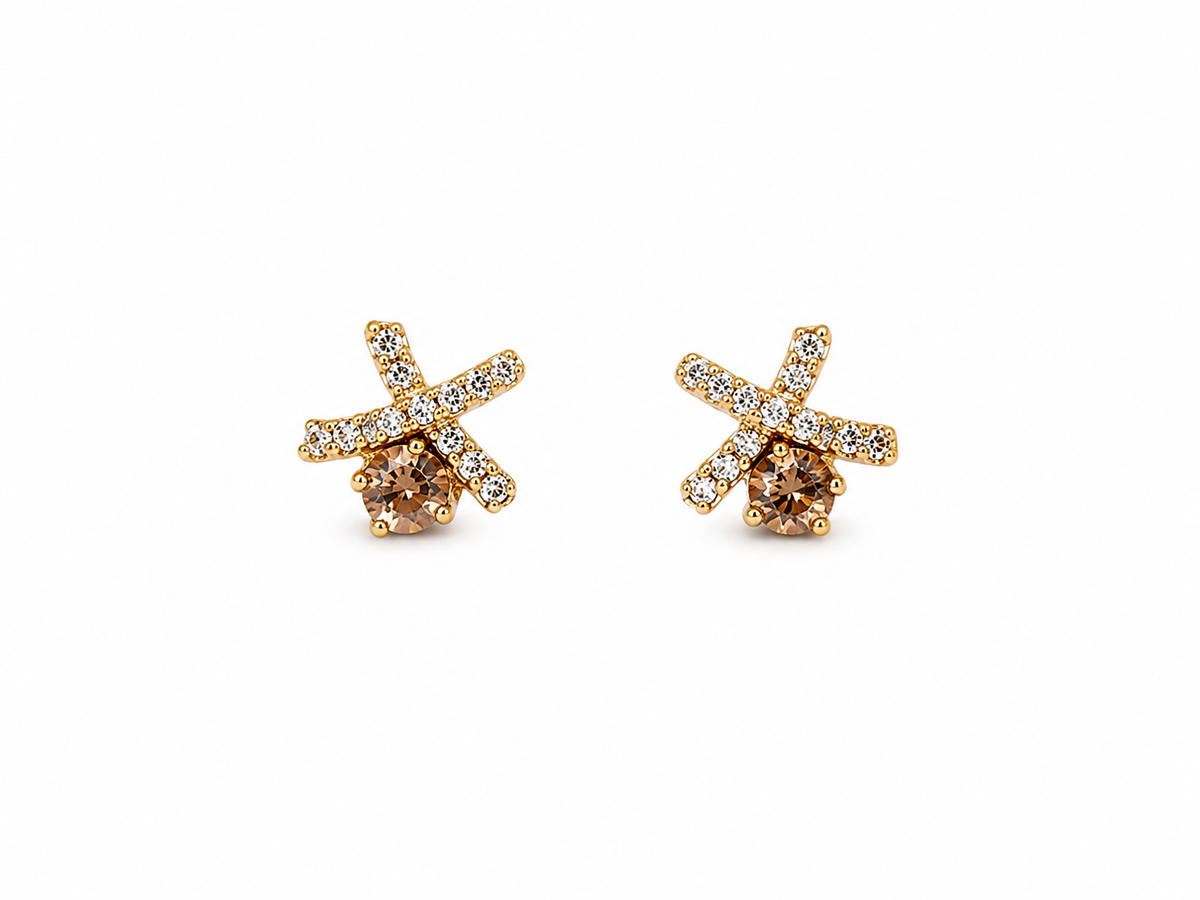 Royal blue crystal X-cross stud earrings gold tone