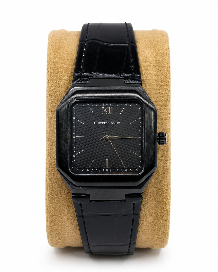 Universe Point Black Square Dial Croc Leather Strap Watch