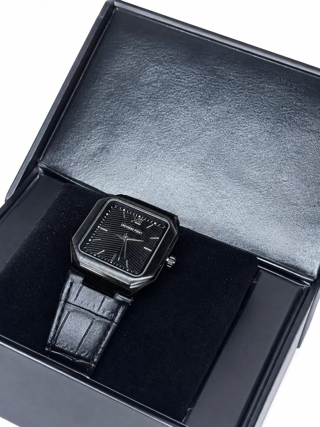 Universe Point Black Square Dial Leather Strap Watch