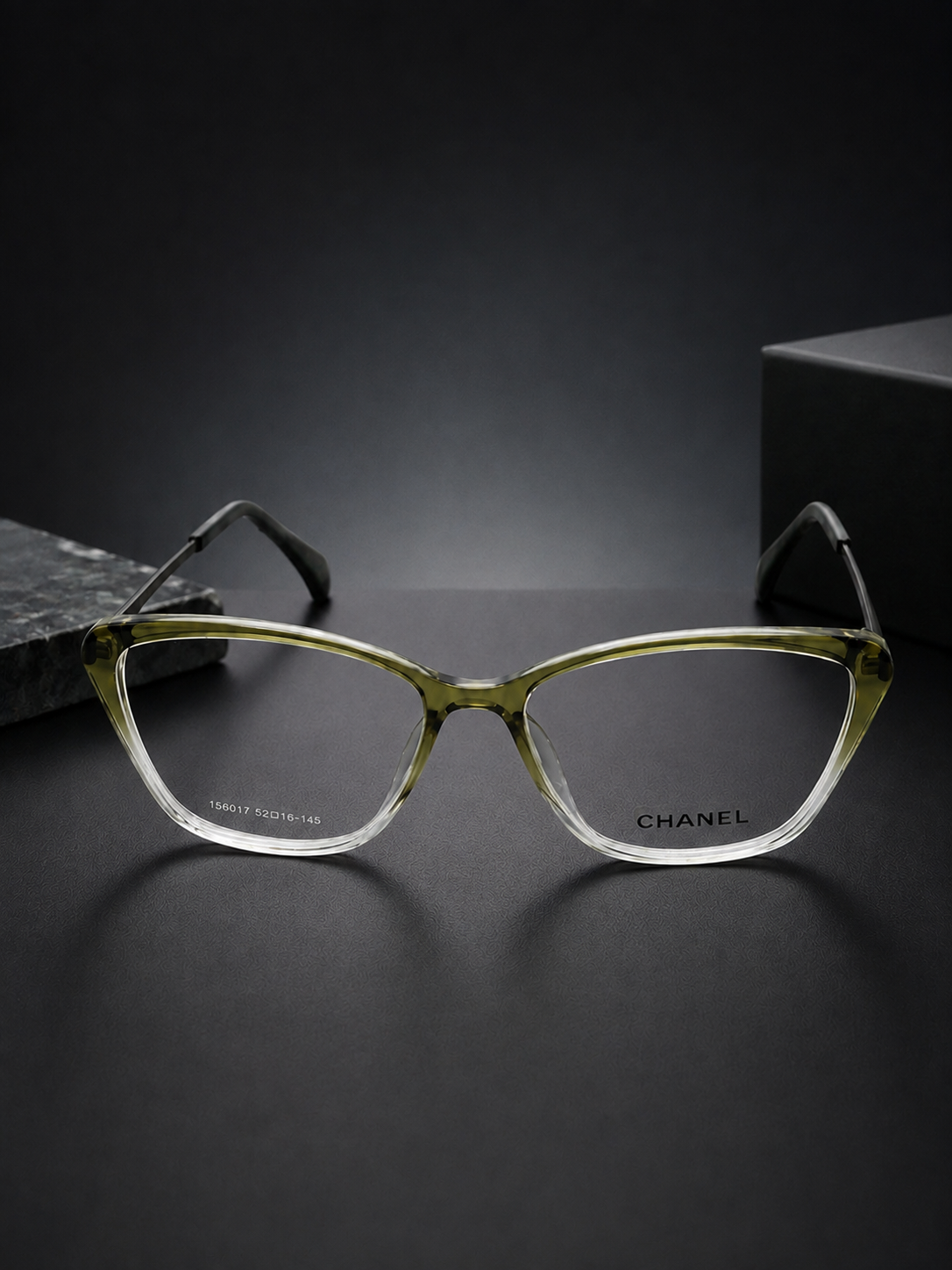 Chanel Cat-Eye Frames – Side Temple Detail on Marble