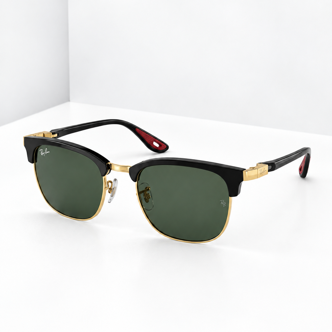 Ray-Ban Clubmaster Half-Rim Sunglasses Black Gold G-15 Green - RB3016 Premium