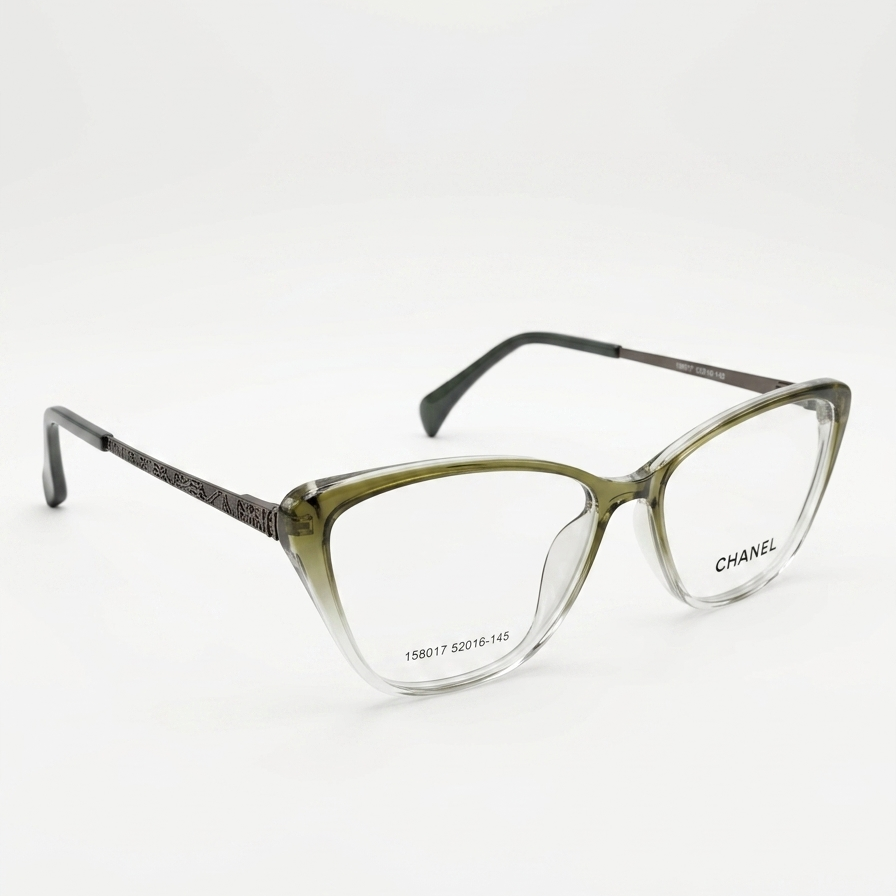 Chanel Cat-Eye Frames Olive Green – 3/4 Side View on White