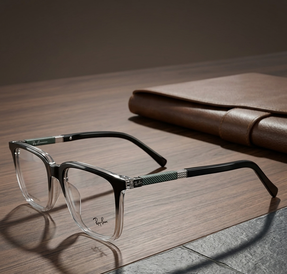 Ray-Ban 65012 Black Clear Gradient - Lifestyle Wooden Table with Leather Case