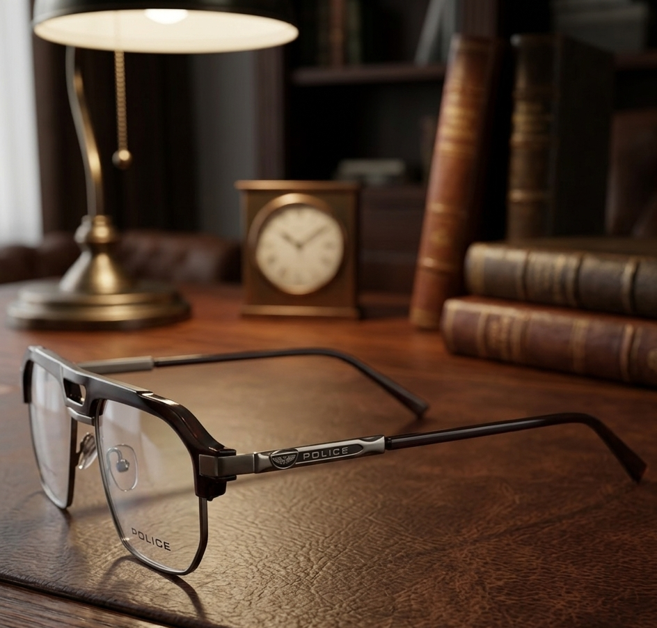 Police Aviator Eyeglasses Dark Brown Gunmetal - White Background Front View
