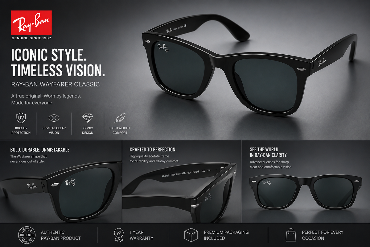 Ray-Ban New Wayfarer RB2132 – 3/4 Side View on Grey