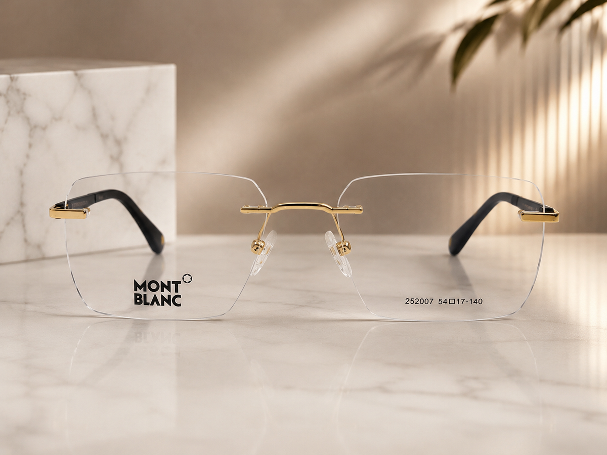 Mont Blanc 252007 Gold Black Rimless - Lifestyle Marble Surface Front View Warm Light