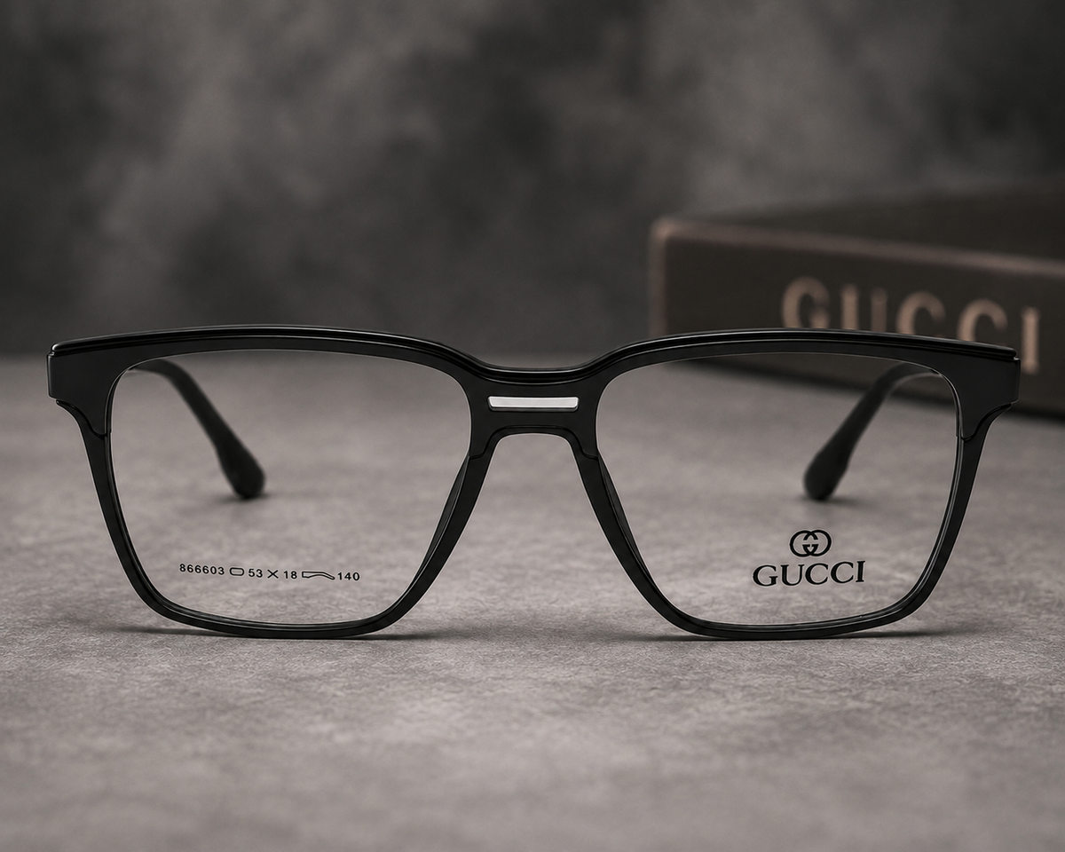 Gucci Square Eyeglasses Glossy Black 866603 - Lifestyle Front View with Gucci Box