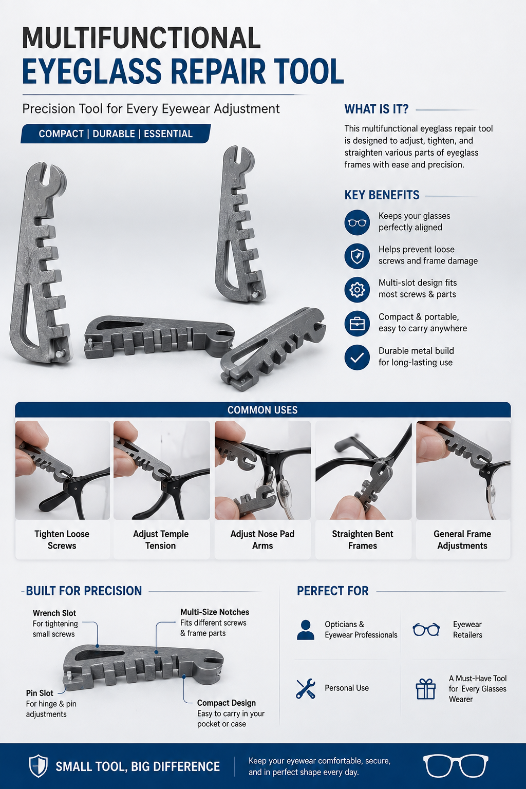 Multifunctional Eyeglass Repair Tool infographic showing features and uses