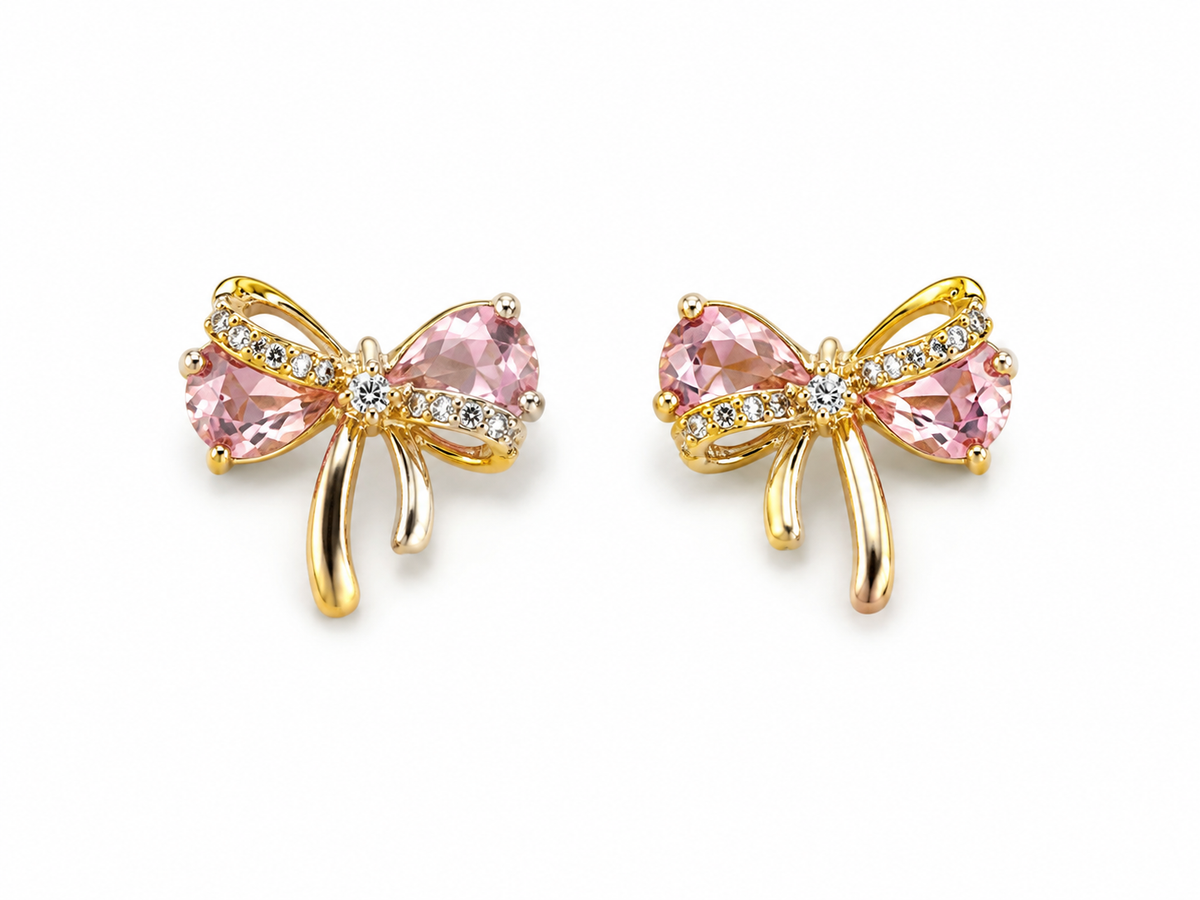 Pink crystal bow stud earrings gold tone