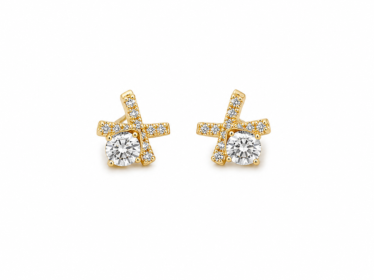 Emerald green crystal X-cross stud earrings gold tone