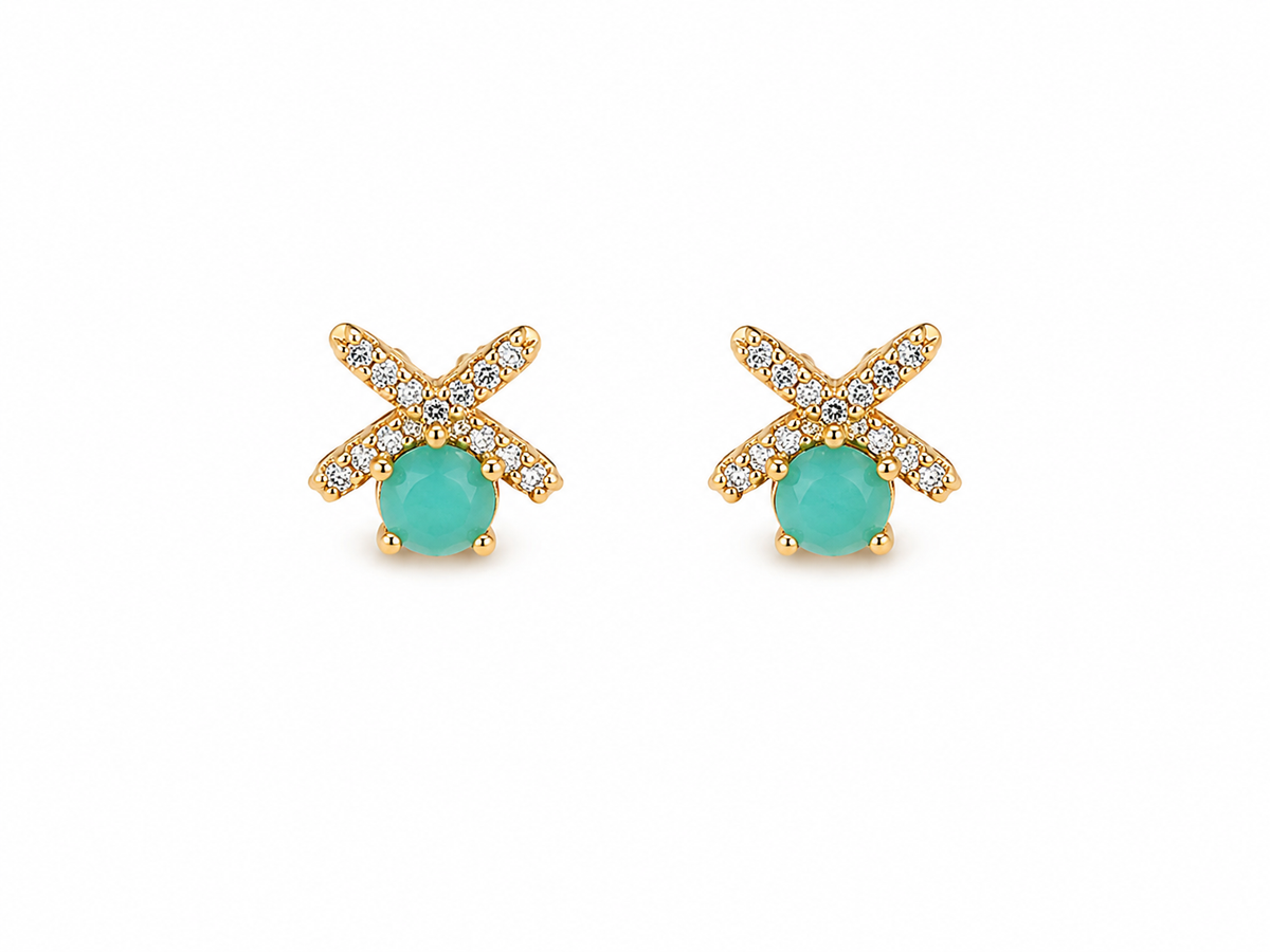 Pink crystal X-cross stud earrings gold tone