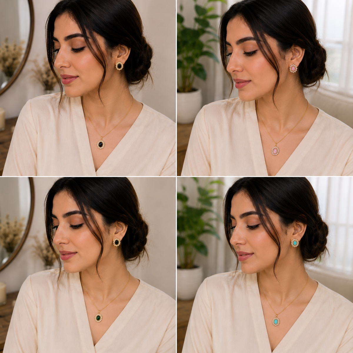 Model wearing royal oval CZ jewellery set in all 4 colours lifestyle shot