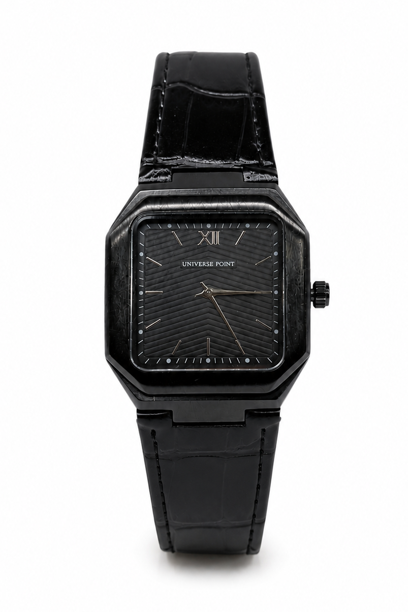 Universe Point Black Square Dial Leather Strap Watch