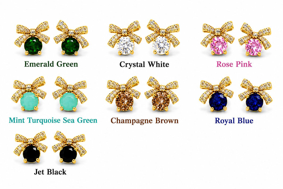 Gold crystal bow stud earrings all 7 colours chart
