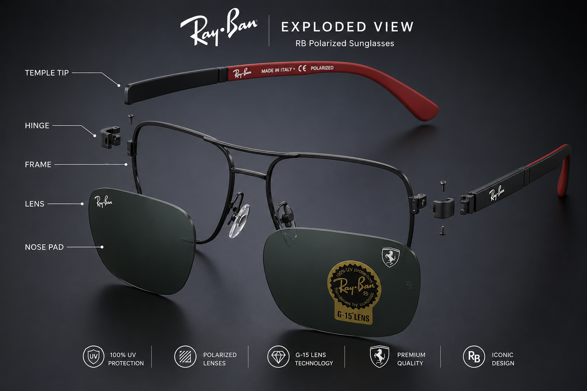 Ray-Ban x Ferrari RB8313M - Exploded View showing G-15 Lens, Double Bridge, Red Temple Tips
