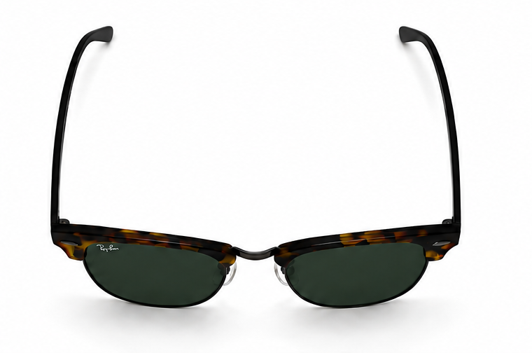 Ray-Ban RB3016 Clubmaster Fleck Tortoise Havana Black G-15 - Overhead View White Background Temple Arms Open